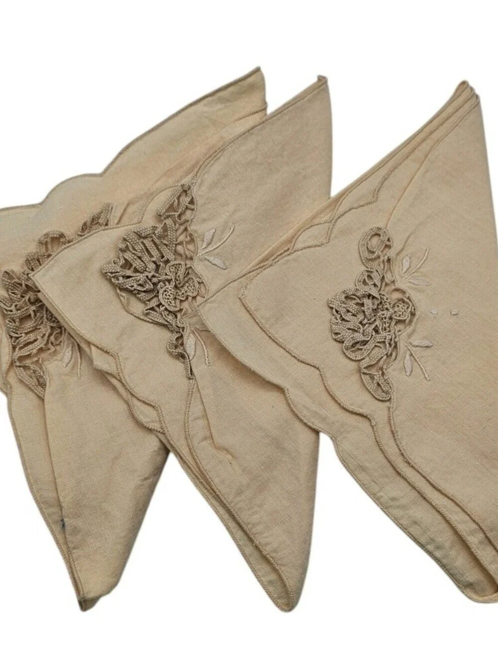 Set of 3 Vintage 100% Cotton Dinner Napkins Cream Crochet Side Victorian